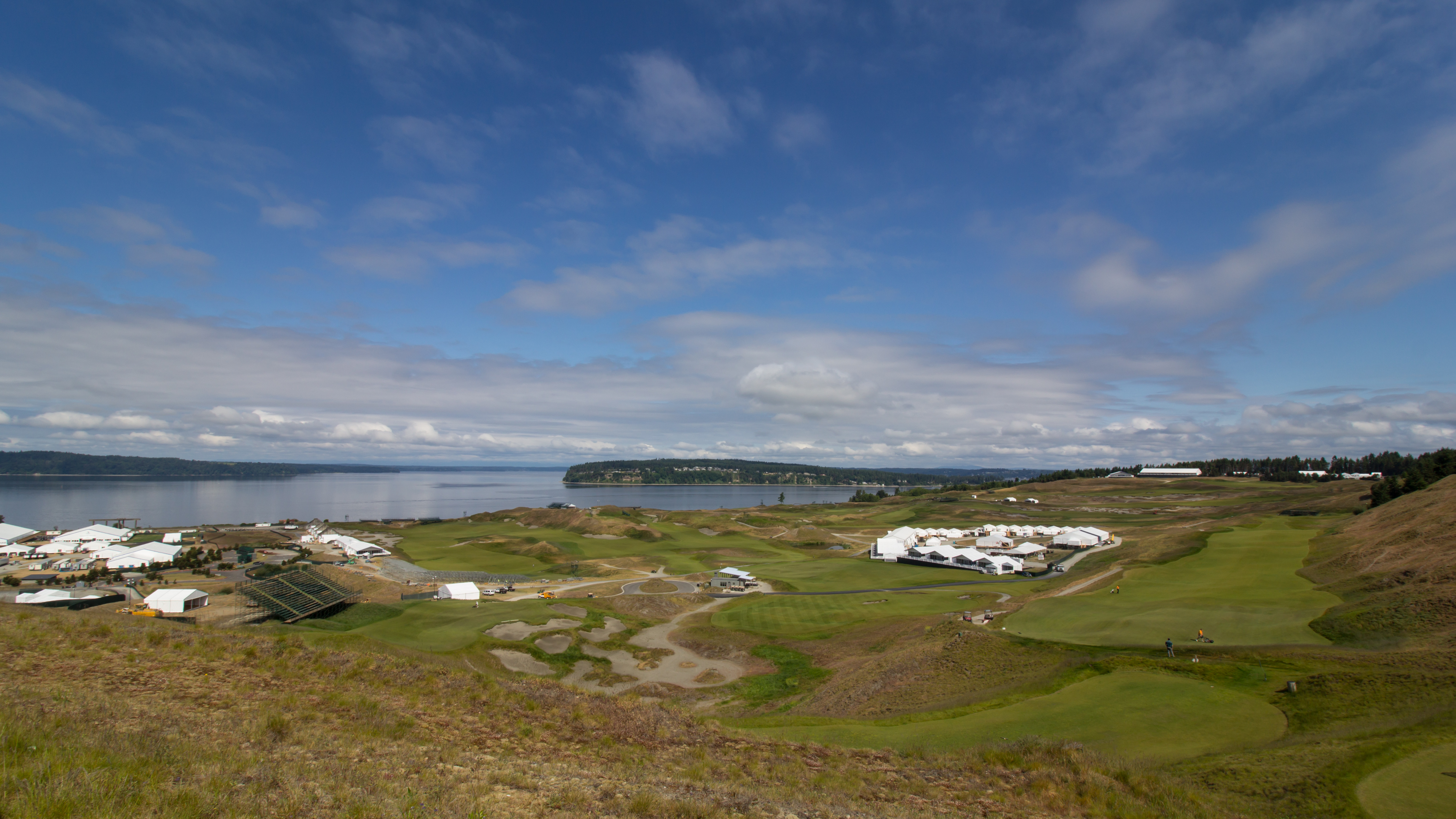 Links fairways, dunes, and Puget Sound from Chambers Bay Golf Course in University Place, Washington